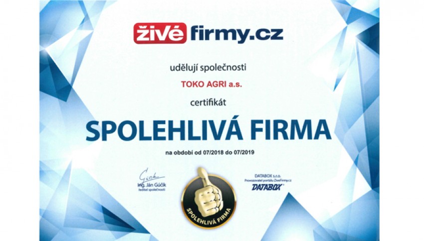 TOKO AGRI a.s. - spolehlivá firma 2018/2019